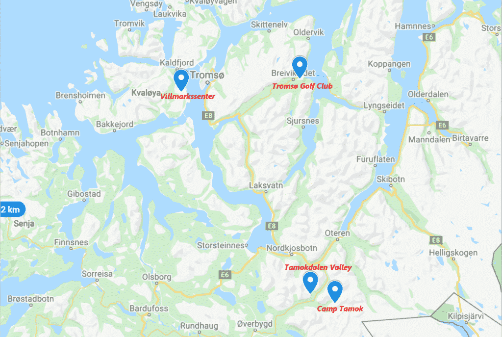 Mappa dei punti di partenza per lo sleddog a Tromsø, Norvegia