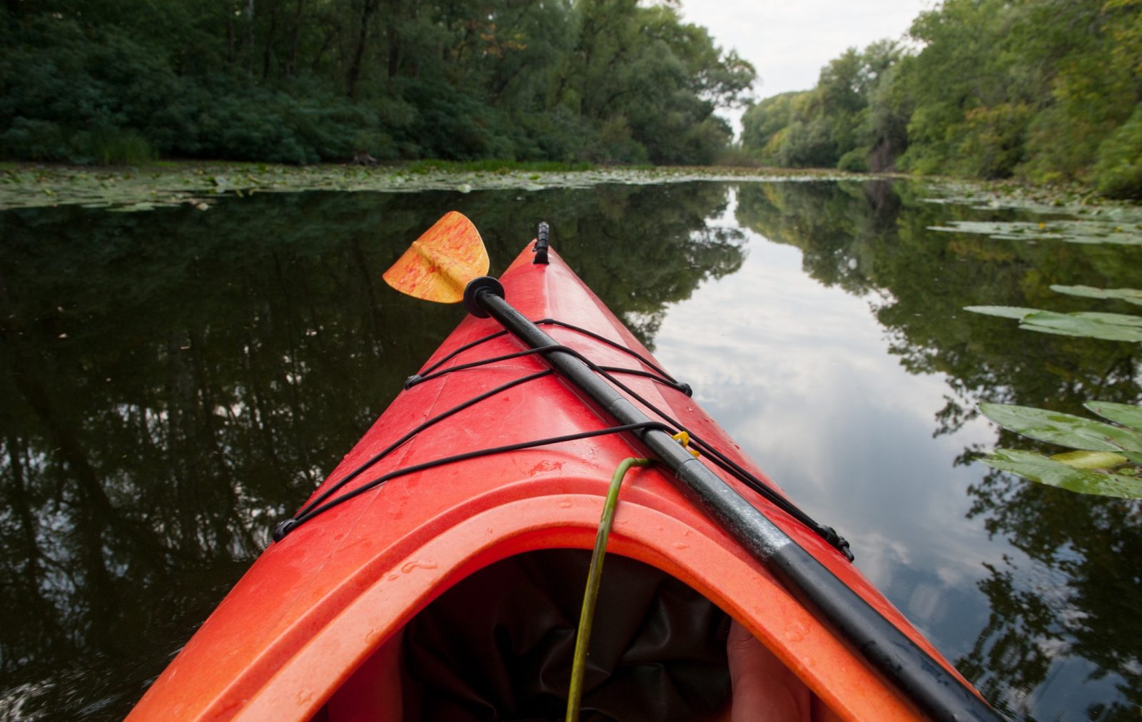 Un kayak in un fiume, con la pagaia legata alla cima.