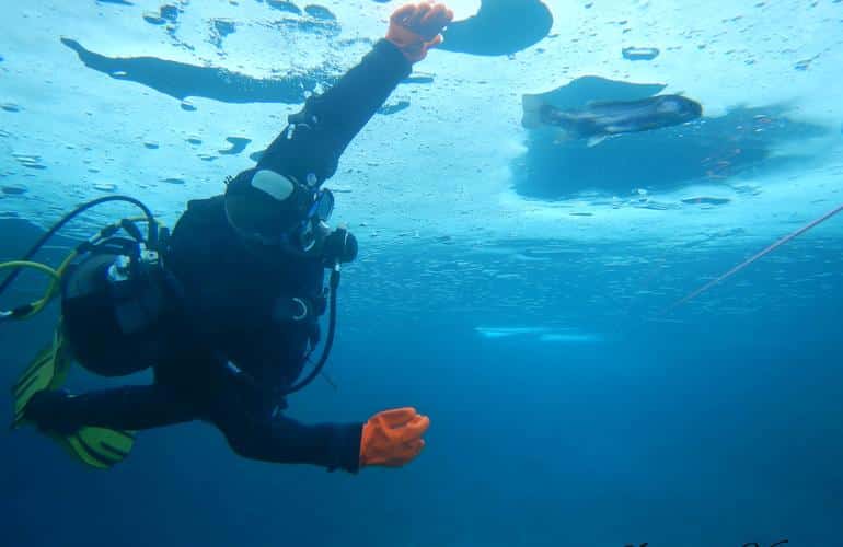 Immersione su ghiaccio in un lago di montagna a Tignes