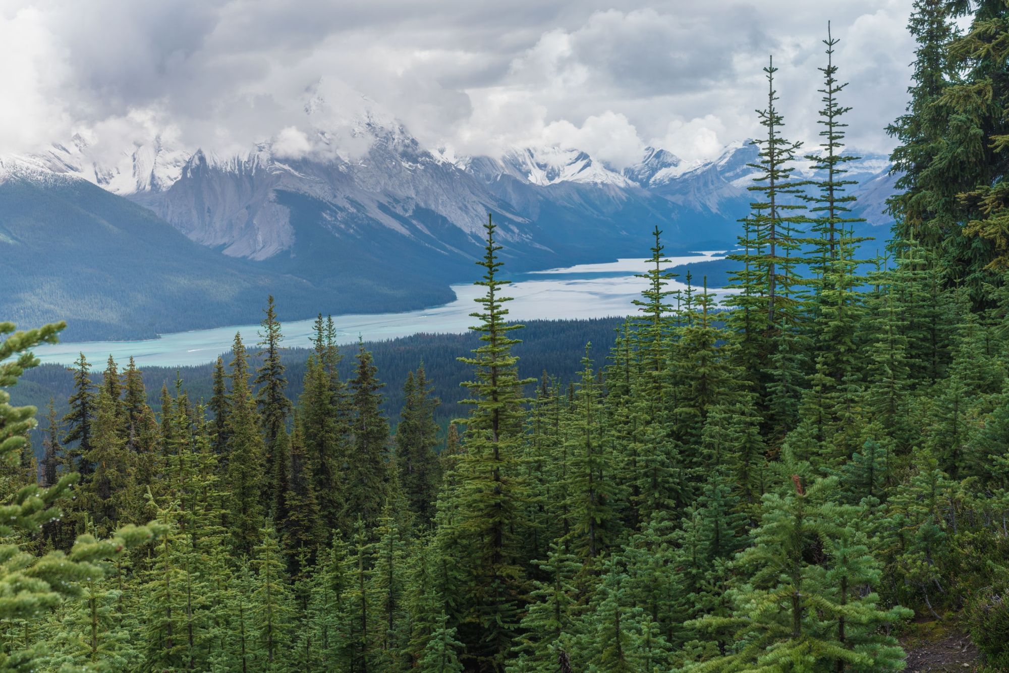 Nuvole che si addensano sopra le Montagne Rocciose canadesi. Il lago Maligne a Jasper, visto dal sentiero Bald Hills. Foto: Getty